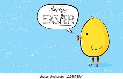 Vector illustration of a yellow chick saying happy Easter