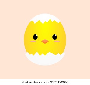 Vector illustration of a yellow chick in a white cracked eggshell on an orange background.