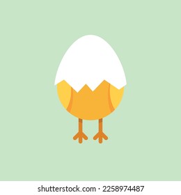 Vector illustration of yellow chicken with egg on its head, chick with eggshell on its head, Easter holiday.