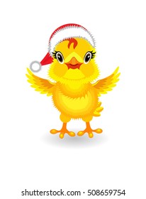 Vector Illustration. Yellow chicken in the hat of Santa Claus isolated on white background.