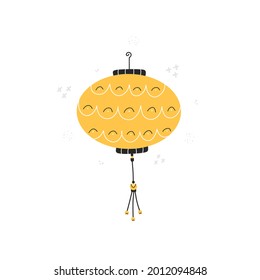 Vector illustration of yellow chinese lantern isolated on white background. Traditional hanging decoration. Cartoon flat style.