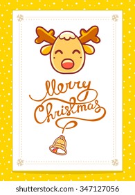 Vector illustration of yellow christmas deer with hand written text on white background. Bright color. Hand draw line art design for web, site,banner,poster,board,postcard,print and greeting card. 