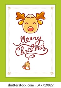 Vector illustration of yellow christmas deer with hand written text on light background. Bright color. Hand draw line art design for poster,flyer,brochure,template and greeting card. 