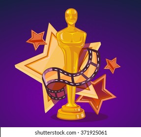 Vector illustration of yellow cinema award with stars and film reel on purple background. Art design for web, site, advertising, banner, poster, flyer, brochure, board, paper print.