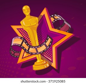 Vector illustration of yellow cinema award with big star and film reel on dark red background. Art design for web, site, advertising, banner, poster, flyer, brochure, board, paper print.