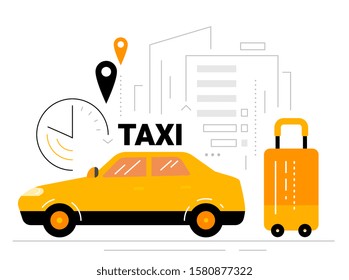 Vector illustration of yellow city taxi with suitcase on white background. Flat line art style design of taxi service for web, site, banner, poster, advert