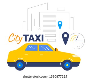 Vector illustration of yellow city taxi and skyscraper on white background. Flat line art style design of taxi service for web, site, banner, poster, advertising