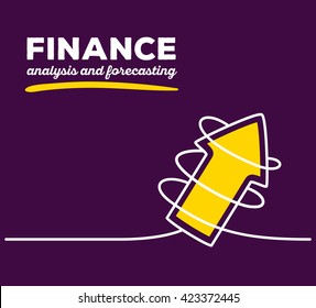 Vector illustration of yellow color arrow going up with white wire and text on purple background. Business finance concept. Thin line art flat design of arrow for analysis and forecasting theme
