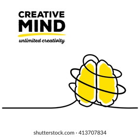 Vector illustration of yellow color brain with black wire and text on white background. Unlimited creativity concept. Thin line art flat design of brain for idea and creative mind theme
