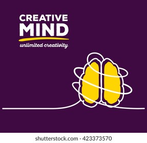 Vector illustration of yellow color brain with white wire and text on purple background. Unlimited creativity concept. Thin line art flat design of brain for idea and creative mind theme