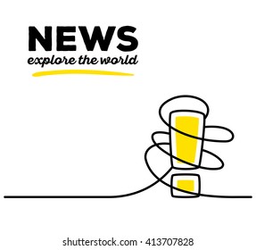 Vector illustration of yellow color exclamation mark with black wire and text on white background. Explore the world concept. Thin line art flat design of exclamation mark for warning and news theme