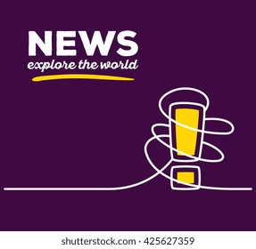 Vector illustration of yellow color exclamation mark with white wire, text on purple background. Explore the world concept. Thin line art flat design of exclamation mark for warning, information theme