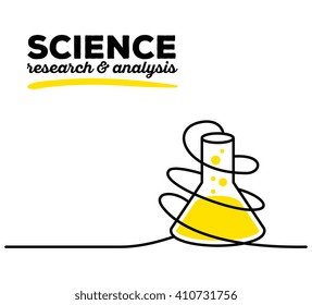 Vector illustration of yellow color flask with black wire and text on white background. Research and analysis concept. Thin line art flat design of flask for science and chemical theme for web, poster