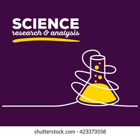 Vector illustration of yellow color flask with white wire and text on purple background. Research and analysis concept. Thin line art flat design of flask for science and chemical theme