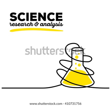 Vector illustration of yellow color flask with black wire and text on white background. Research and analysis concept. Thin line art flat design of flask for science and chemical theme for web, poster