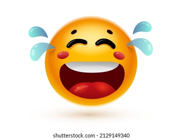 Vector illustration of yellow color happy emoticon with open mouth, tongue and tear on white background. 3d style design of fun laugh to tears emoji for social media message