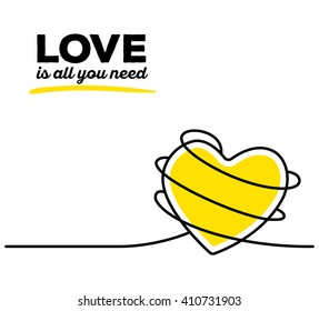 Vector illustration of yellow color heart with black wire and text on white background. Love is all you need concept. Thin line art flat design of heart for love and feelings theme for card, poster