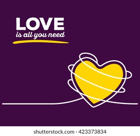 Vector illustration of yellow color heart with white wire and text on purple background. Love is all you need concept. Thin line art flat design of heart for love and feelings theme