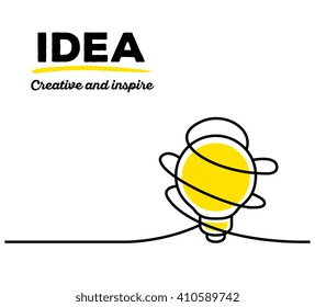 Vector illustration of yellow color light bulb with black wire and text on white background.Creative and inspire concept.Thin line art flat design of light bulb for inspiration and creative idea theme