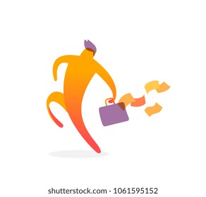 Vector illustration of yellow color silhouette of business man holding brief case with document on white background. Confident going forward man cartoon character concept. Flat style design of leader