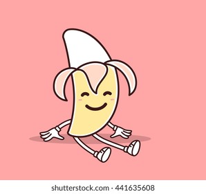 Vector illustration of yellow color sitting smile banana with hands, legs on pink background. Creative cartoon banana concept. Doodle style. Thin line art flat design relax positive character banana