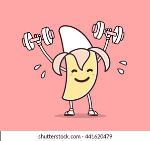 Vector illustration of yellow color smile banana lifts dumbbells on pink background. Fitness cartoon banana concept. Doodle style. Thin line art flat design of lose weight, fitness character banana