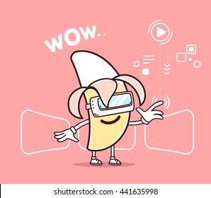 Vector illustration of yellow color smile banana with 3d virtual reality glasses, pink background. Creative cartoon banana concept. Doodle style. Thin line art flat design of 3d virtual reality banana