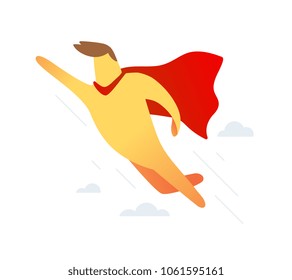 Vector illustration of yellow color super man with red cloak raised his arm up flying on sky background with cloud. Super hero cartoon character business concept. Flat style design of leader person