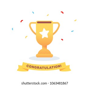 Vector illustration of yellow color super golden winner cup on white background with confetti and ribbon. Champion cartoon concept. Flat style design of award for web, banner, business presentation