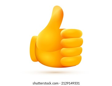 Ilustración vectorial del dedo pulgar amarillo arriba emoticono sobre fondo blanco. 3.d estilo diseño de emoji de aprobación para mensaje de medios sociales