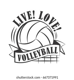 Vector illustration of yellow colored ball with live love volleyball text logo.