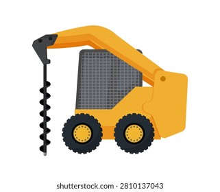 Vector illustration of a yellow compact skid steer loader with an attached hydraulic earth auger drill. Isolated on white background.