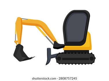Vector illustration of a yellow compact tracked mini excavator digger. Isolated on white background.