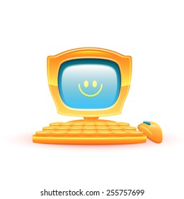 Vector illustration of yellow computer with smile.