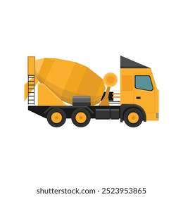 Vector illustration of yellow concrete truck in flat style. Heavy machine transportation for construction and mining companies. Heavy vehicle modern machine for logo, icon, advertising illustration.