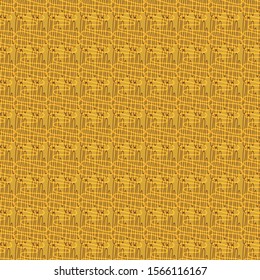 Vector illustration of yellow, cream and mustard circular curved lines in checkered geometric layout. Scribble texture, textile rapport. Seamless repeat pattern for gift wrap, textile, fabrics.