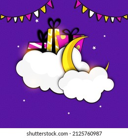 Vector Illustration Of Yellow Crescent Moon With Gift Boxes, Empty Cloud Frames, Stars And Bunting Flags Decorated Purple Background For Islamic Festival Concept.