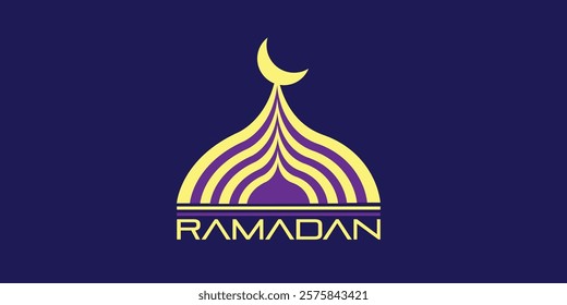 Vector illustration of a yellow crescent moon on a masjid dome with blue background and two rectangles. Perfect for Islamic design, artwork, religious theme, illustrations and religious content.