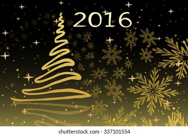 Vector illustration. Yellow Cristmas tree and snowflakes on black background