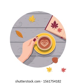 Vector illustration of yellow cup of coffee and a book with autumn leaves on the table