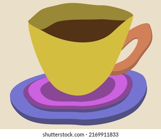 Vector illustration of yellow cup with lilac saucer. Isolated on light beige background.