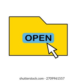 Ilustración vectorial de un cursor amarillo haciendo clic para abrir una carpeta o archivo con un diseño plano. Documentos digitales, íconos, símbolos, Descarga, Cargar, computadoras, computadoras portátiles, tecnología.