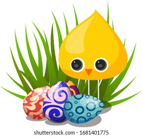 Vector illustration of a yellow cute chicken in green grass with Easter eggs decorated in colorful patterns, isolated on a white background