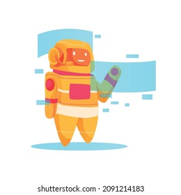 Ilustración vectorial de un lindo robot artificial inteligente amarillo que trabaja en el fondo de una computadora virtual.