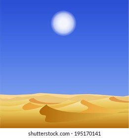 Vector illustration with yellow desert dunes, blue sky and sun