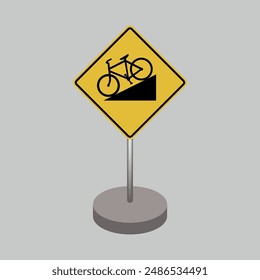 Vector illustration of a yellow diamond-shaped warning traffic sign with a bicycle and a hill icon inside. Beware of steep descents. Information for cyclists, Bicycle hill road signs