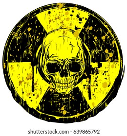 Vector illustration yellow dirty round radiation sign and abstract grunge skull