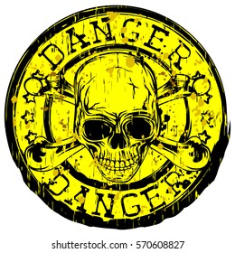 Vector illustration yellow dirty stamp with inscription in circle danger and stars. In center stamp symbol grunge skull with crossed bones
