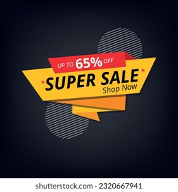 Vector illustration of yellow discount banner isolated on gray background. Super offer 65% discount.