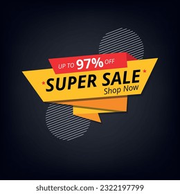 Ilustración vectorial del cartel de descuento amarillo aislado en fondo gris. Super oferta 97% de descuento.